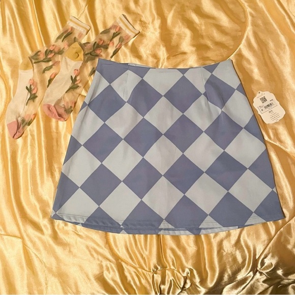 NWT Altar’d State blue-toned diamond checkered mini skirt - Picture 2 of 6